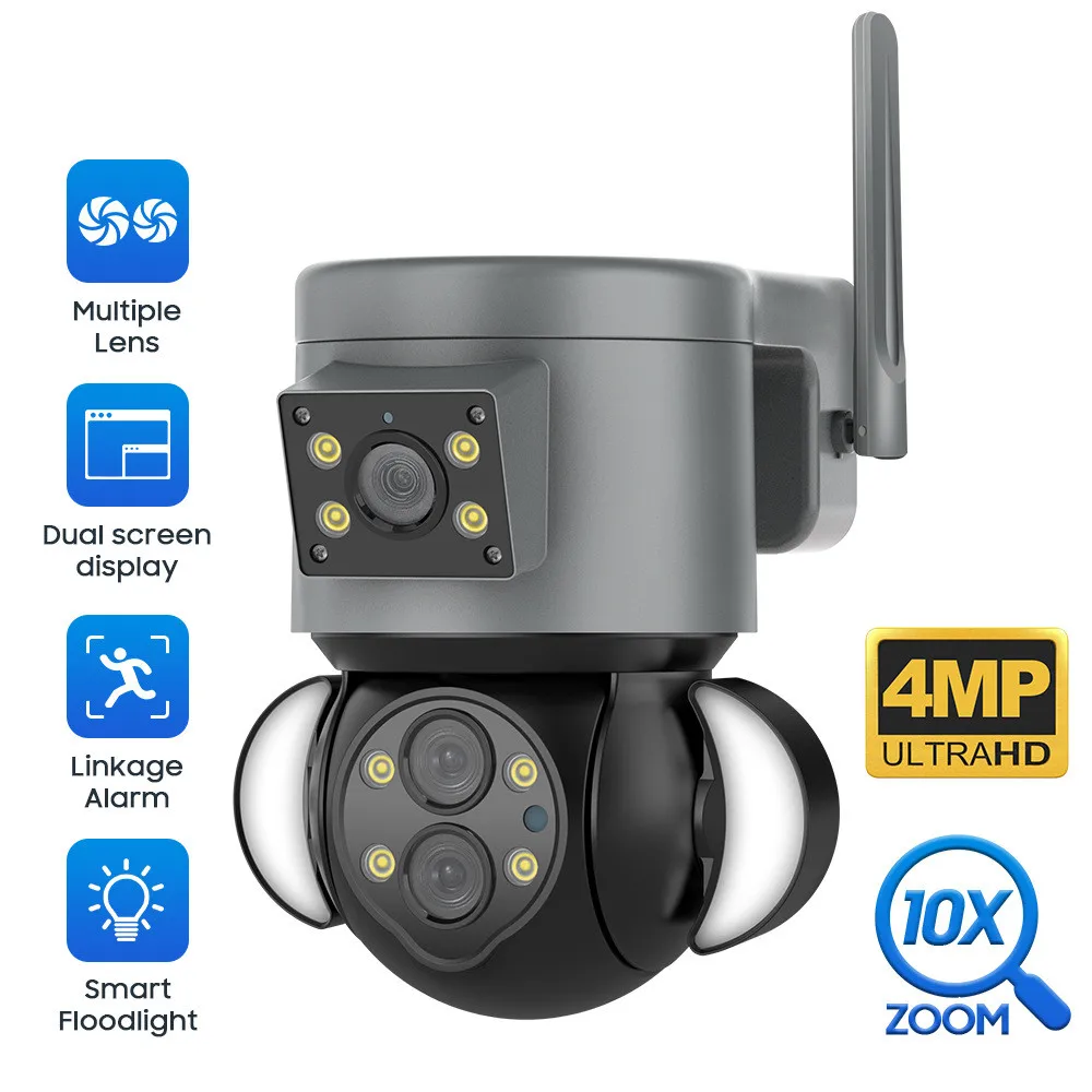 4MP UHD 10X Zoom Dual Lens IP Camera Floodlight Linkage Alarm Full Color AI Humanoid Detection Security CCTV Baby Monitor