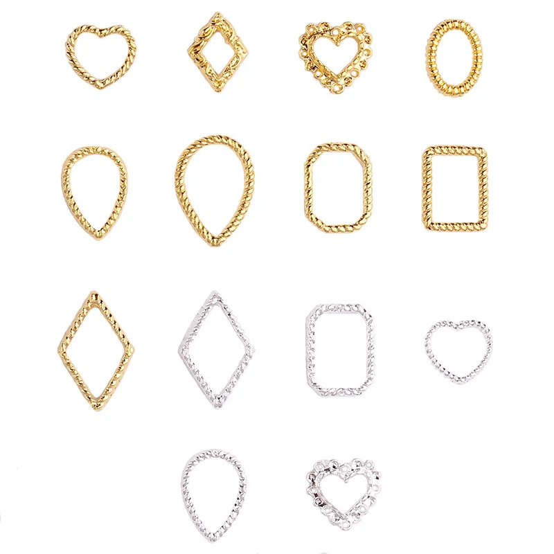 Alloy Jewelry Frame Twist Metal Ring Hollow Rhinestone Nail Charms Heart Shaped Gold Silver 3Dparts Art Decoration Accessories