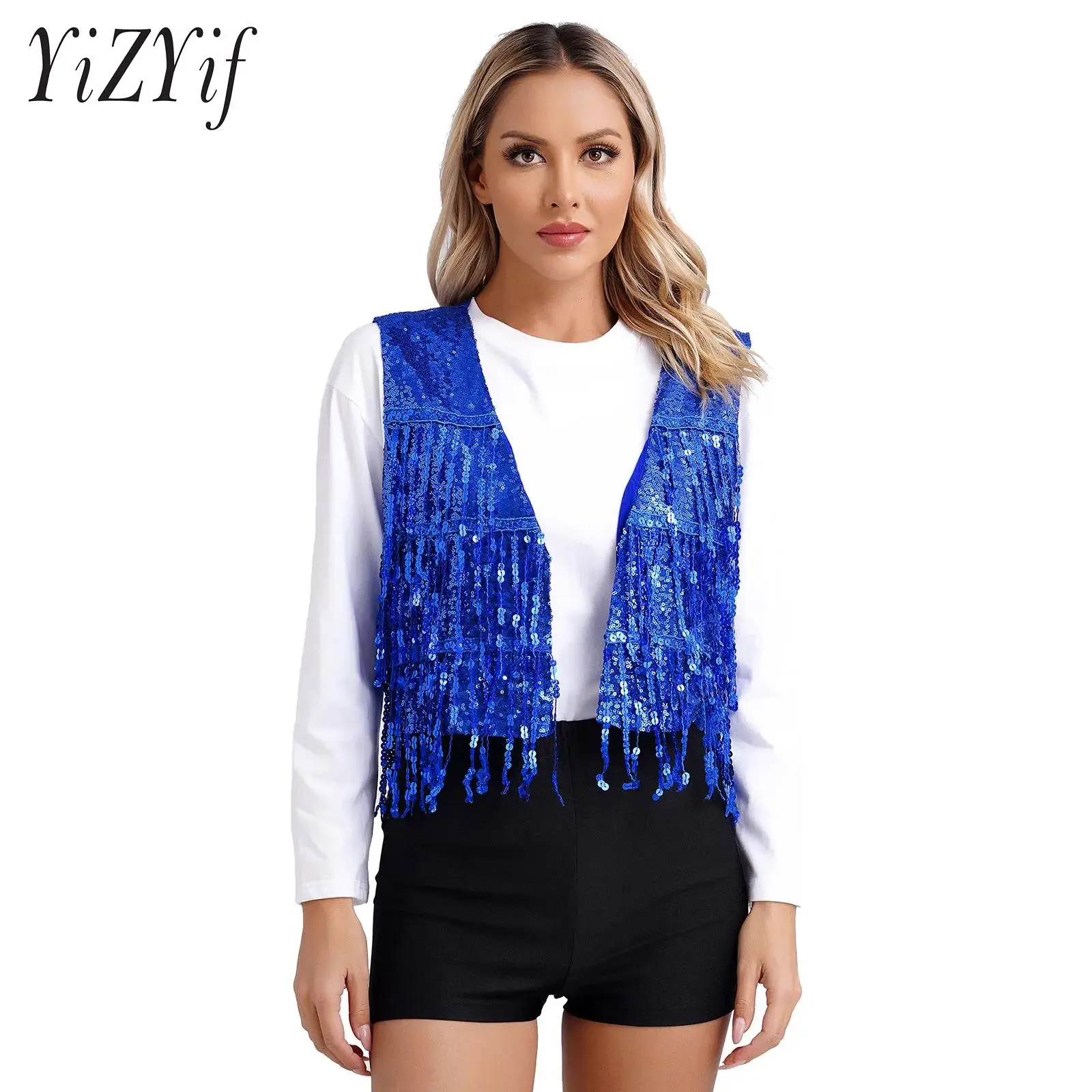 

Women Sparkly Sequin Tassel Vest Sleeveless Glittering Waistcoat Allover V Neck Open Front Vest for Dancing Music Festival