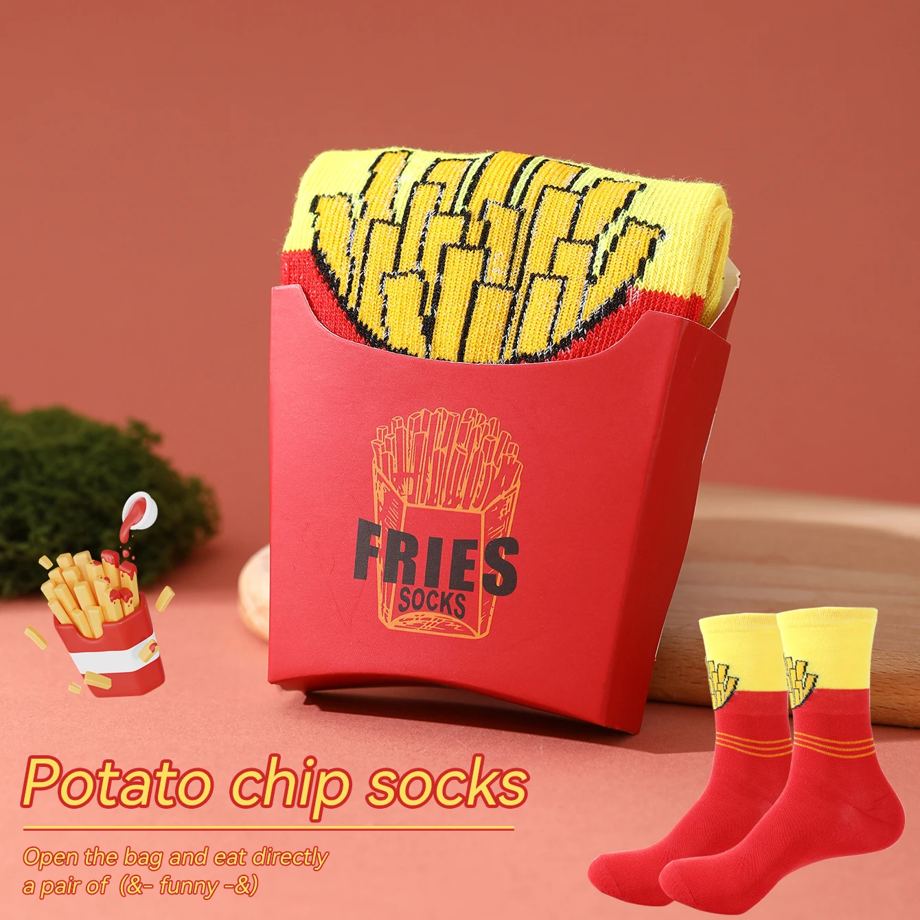 1 pair edgy graphic french fries print unisex mid calf socks daily street look xmas halloween holiday gift ornament