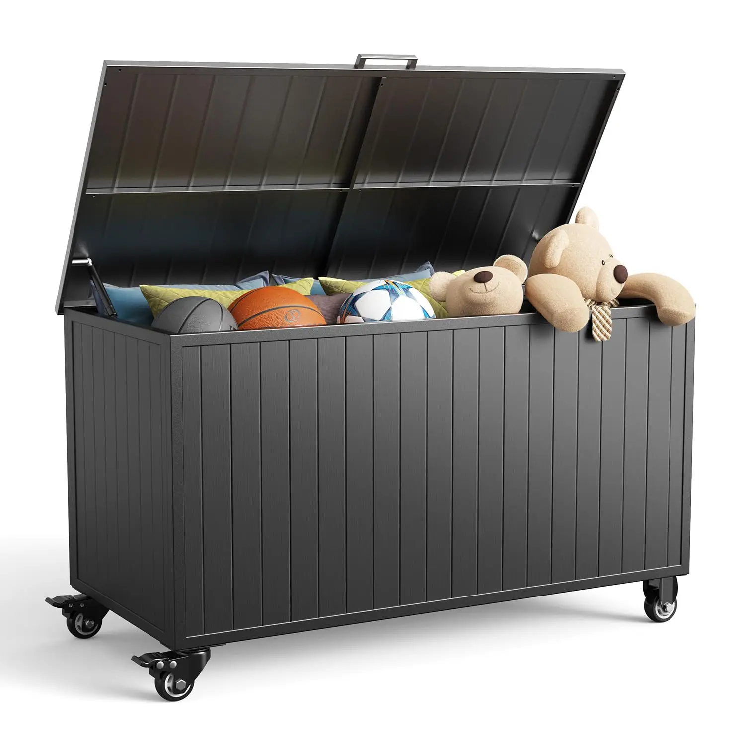 150 Gallon Outdoor Storage Box with Wheels Metal Deck Box Black, Customized