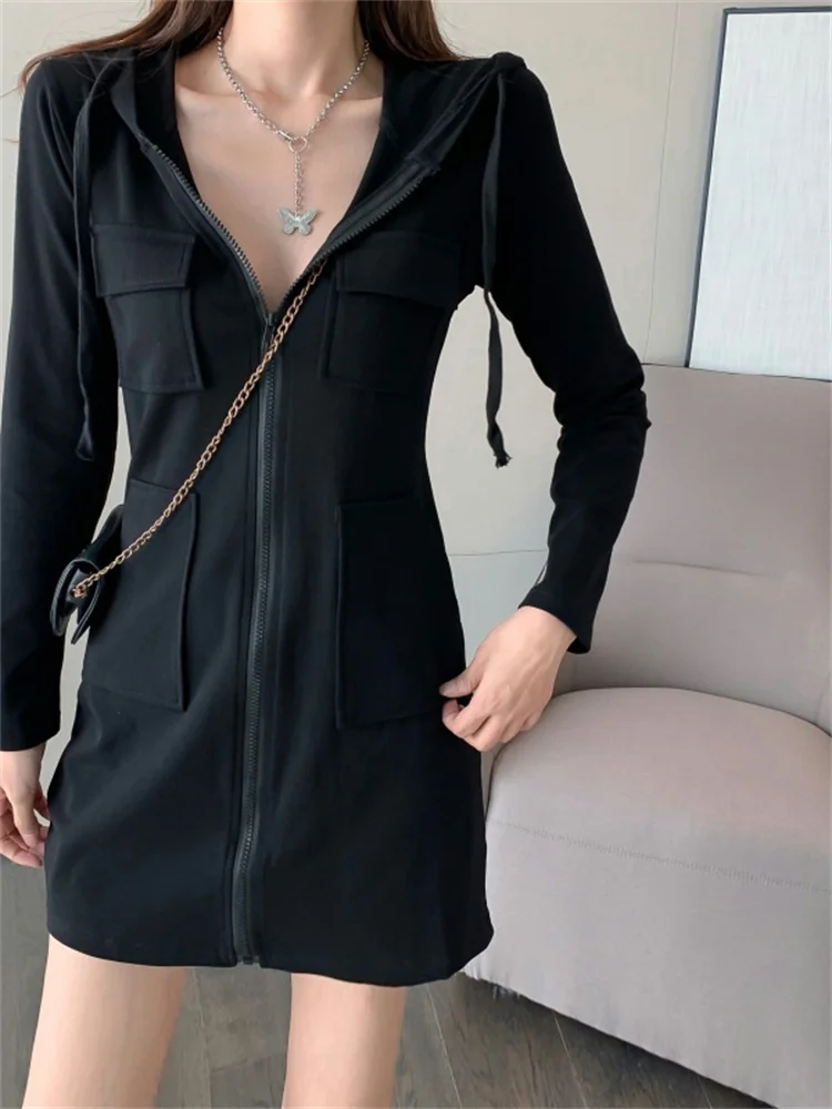 High Waist A-Line ort Skirt Dr Women's Long Sve Spor Sweet And Sal Sle Zipper Hooded Dr Korean Sle Commute