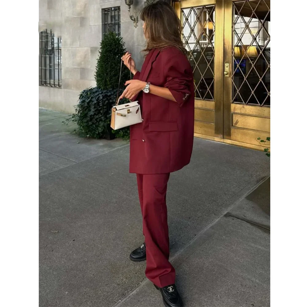 New Arrival Red Suits for Women Notch Lapel Two Piece Jacket Pants Female Clothing Slim Fit Fashion Office Lady Blazer Sets