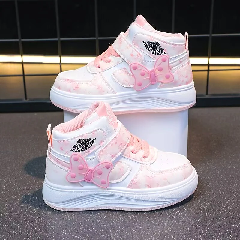 

Autumn Girls High Top Sports Shoes New Fashion Butterfly Pattern Design Childrens Pu Leather Sneakers Non-Slip Kids Causal Shoes