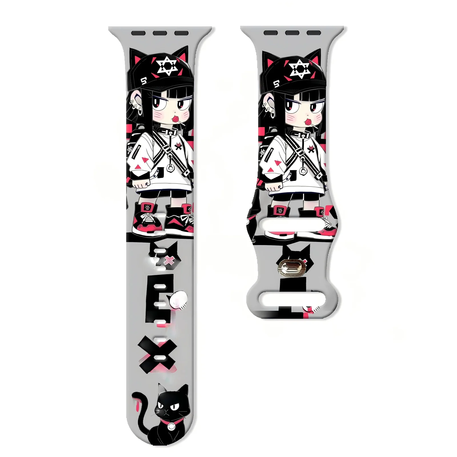 

Cute Kitty Girl Print Silicone Band for Apple Watch Series 10/9/8/7/6/SE, Replacement Strap for 40mm 41mm 42mm 44mm 45mm