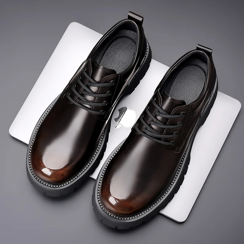 WAERTA Men Korea Leather Platform Oxfords Slip On Thick Tottom Male Derby Shoes Casual Loafers Men Square Toe Formal Dress Shoes