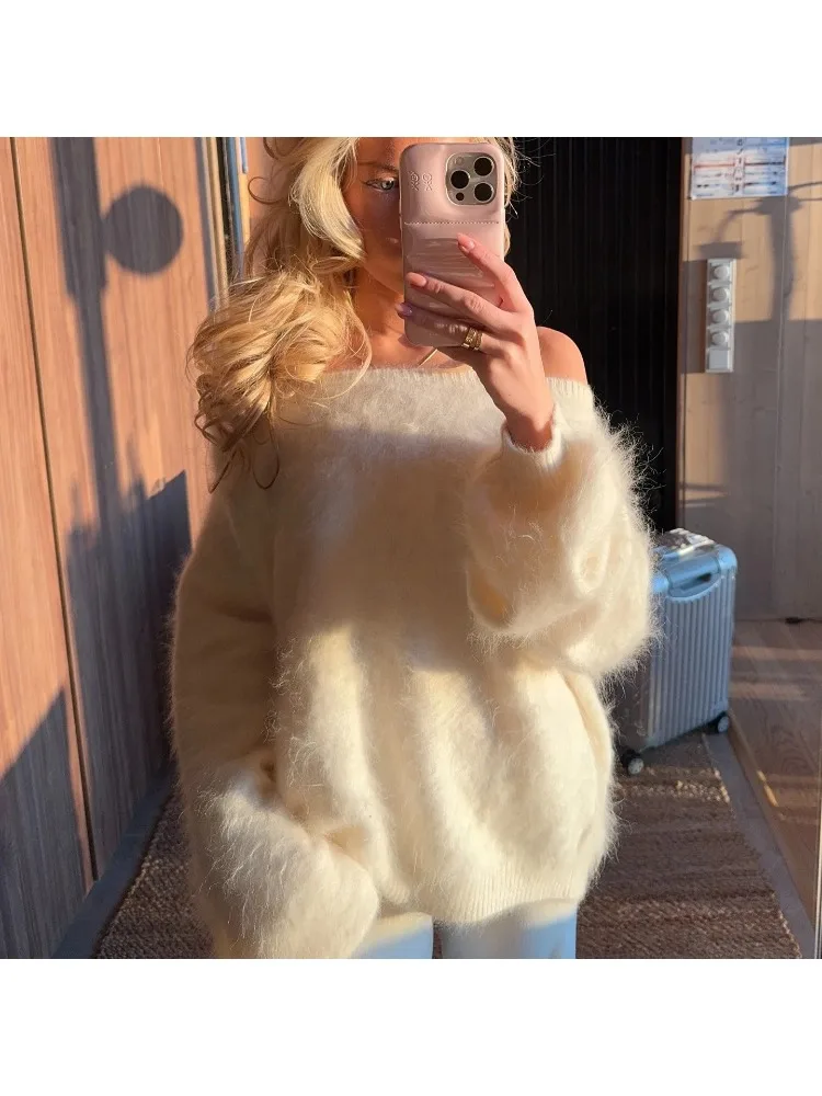 HOUZHOU Women's Loose-Fit Mohair Knitted Sweater Solid Color Casual Top Slash Neck Long-Sleeve Commuter Pullover Winter Clothes
