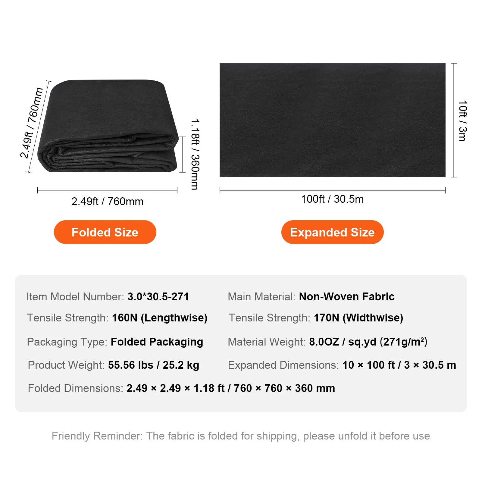 Нетканая геостатическая ткань 10x100FT 8OZ Ткань для борьбы с сорняками