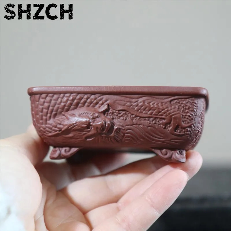 Purple Clay Flower  Miniature Bonsai  Palm Mounted Bonsai Dragon Carved  Small Classical Relief Handmade Flower