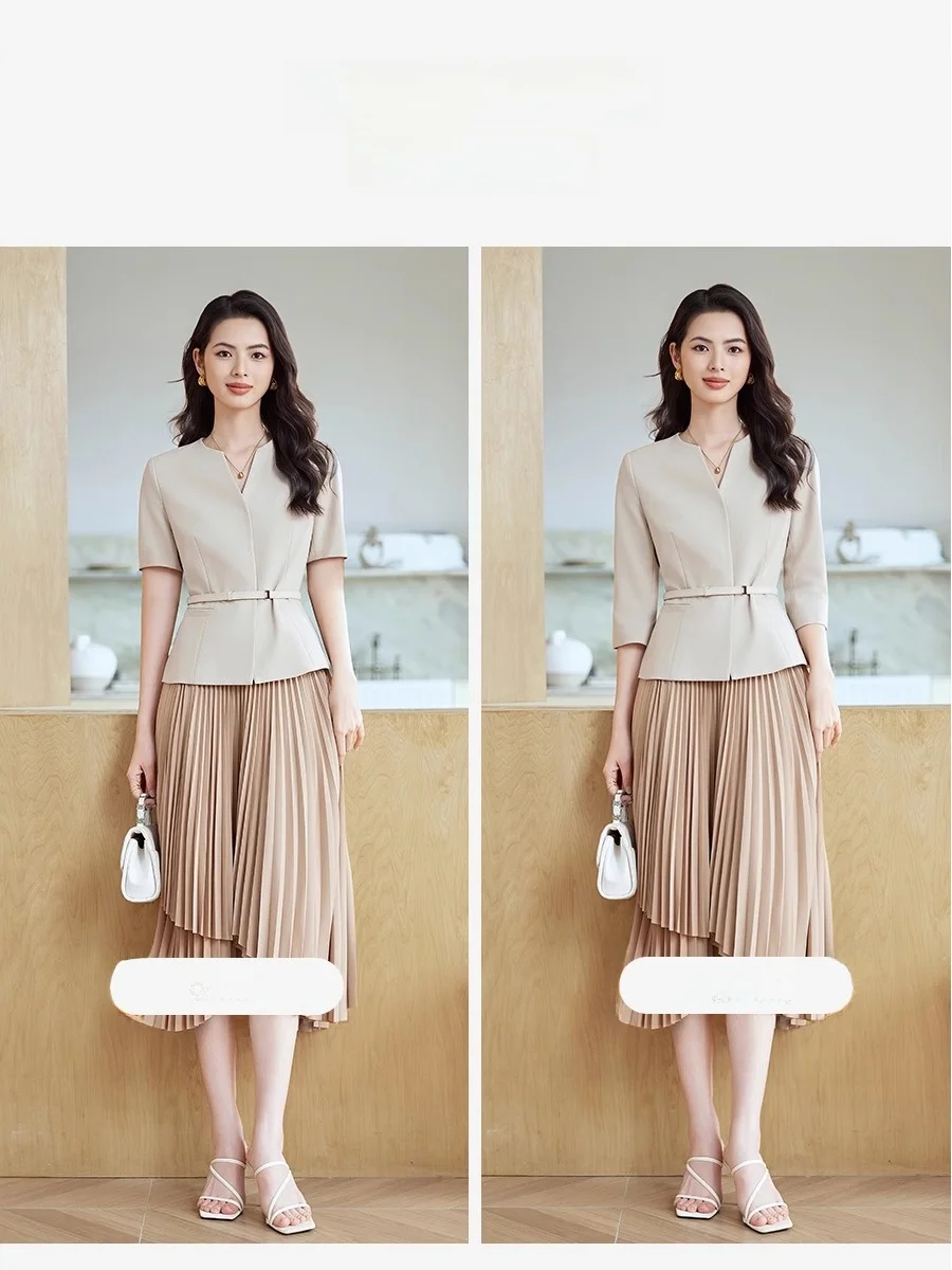 

Ele Khaki Women's Profional Commute Suit Set Asymmetrical Pleated Skirt Faionable Top And Bot Ensemble
