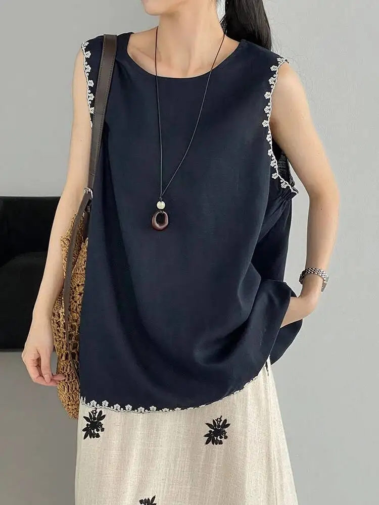 Women Embroidery Linen Big Size Tank Tops New Round Neck Sleeveless Personality Fashion Tide Spring Summer