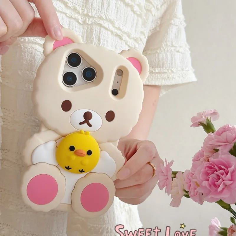 Silikonowe etui na telefon 3D Rilakkuma Bear Hugging Duck, miękkie, odporne na wstrząsy, urocze etui z kreskówkowym motywem dla iPhone 17 17Pro 16 15 14 13 Pro Max — zdjęcie produktu 2