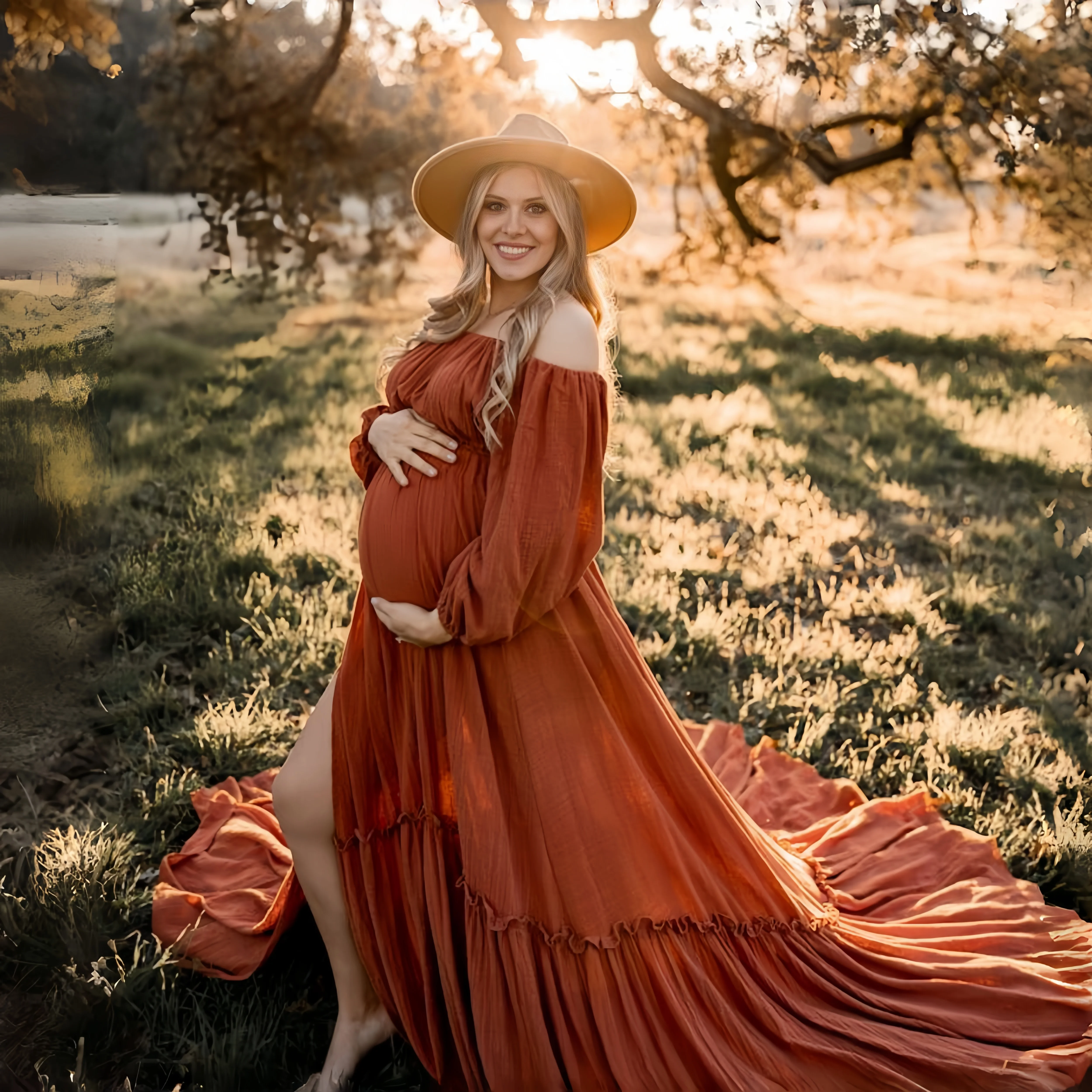 

Rust Boho Maternity Photo Shoot Long Dress Slash Neck Cotton Bohemian Pregnant Woman Photogrpahy Dress