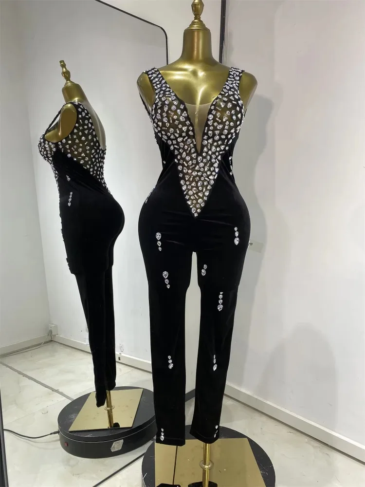

Роскошный сексуальный черный комбинезон с блестящими кристаллами, без рукавов, эластичный, для джазовых танцев, вечеринок, выступлений диджеев и певцов