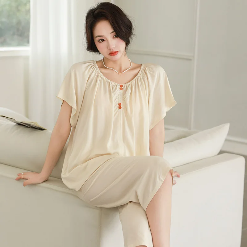 Korean Women's Short Sleeve Capri Pants Set New Cotton Rayon Sleepwear Pajamas Summer Ladies Nightwear Pyjamas Femme Night Suit
