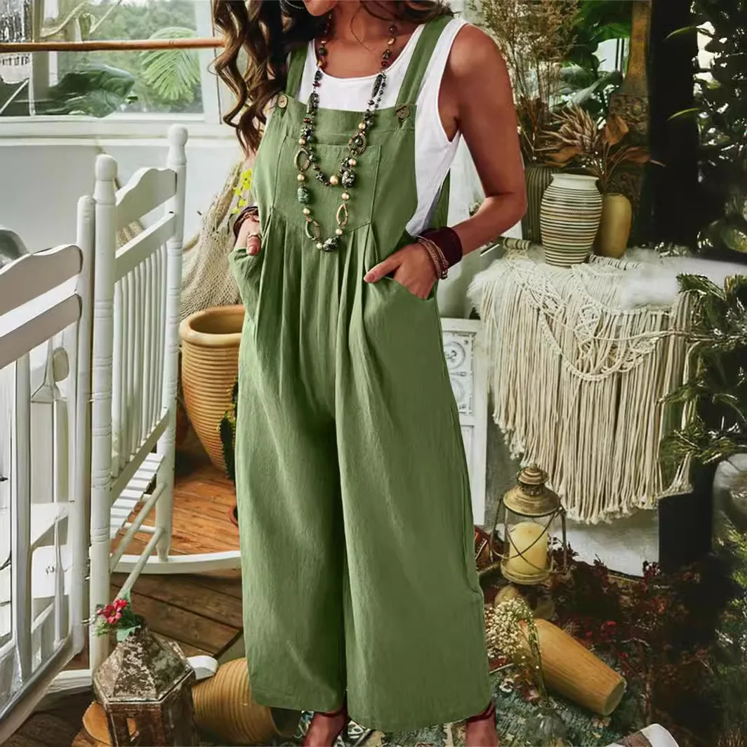 2026 Women's Fashion Wish Amazon Ebay Thickened Linen Cotton Solid Color Sleeveless Pocket Casual Wide Leg Side Buckle Jumpsuit