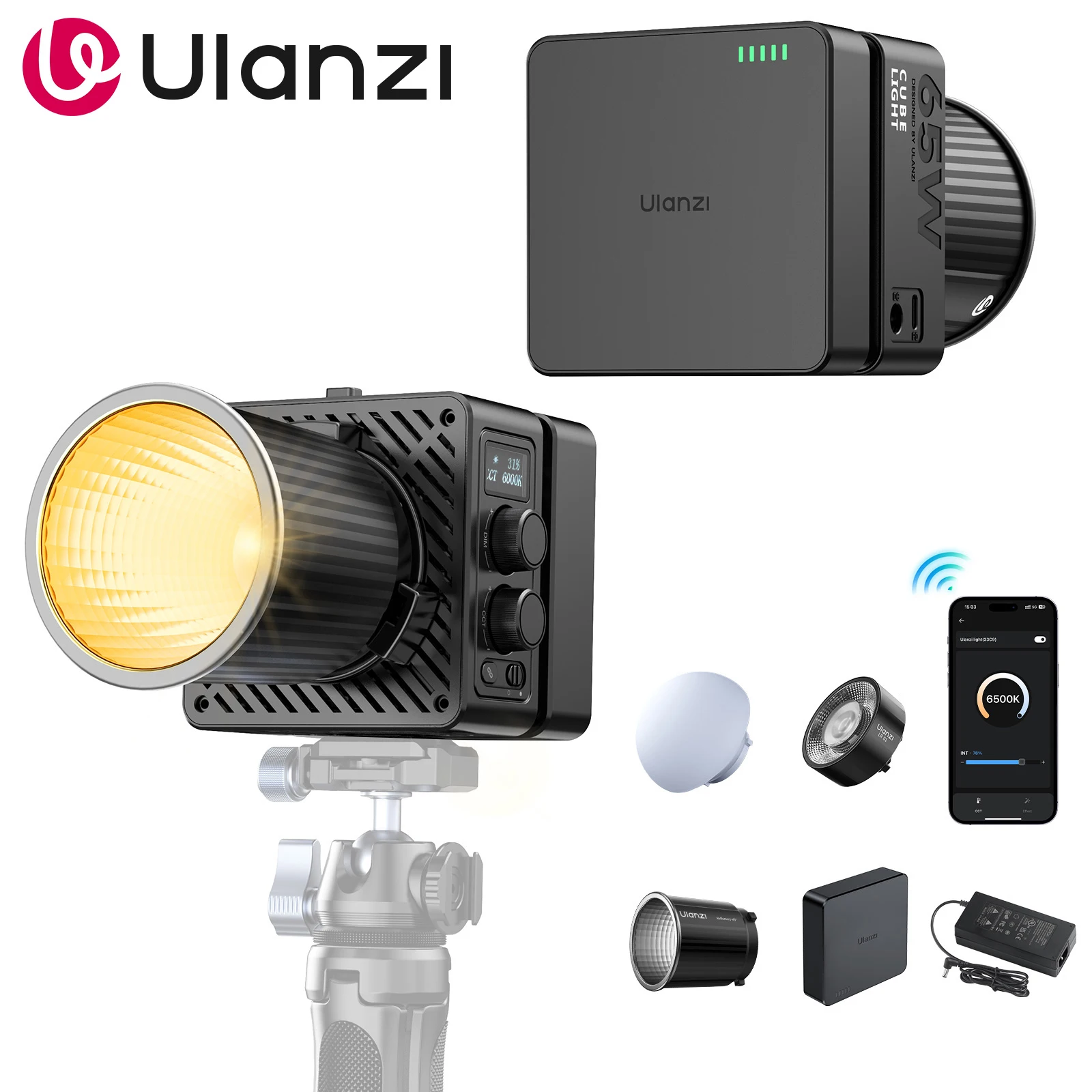 Ulanzi EC65 Video Light 65W LED Lamp with Diffuser Reflector Optical Condenser Mini Bowens Mount Bi-color 2700-6500K COB Light