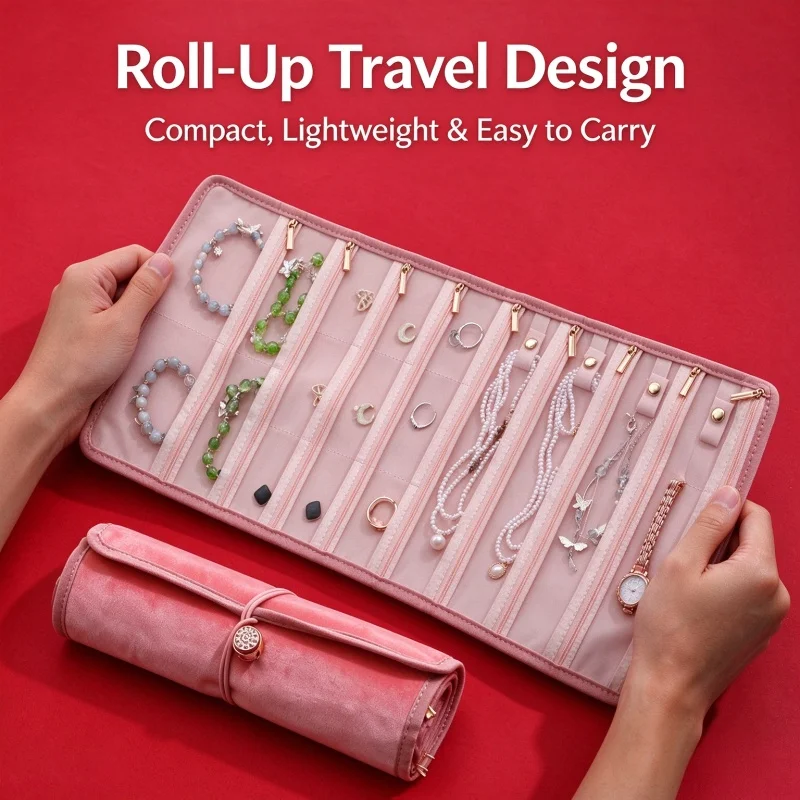 Velvet Roll Up Jewelry Organizer Bag Portable Travel Jewellery Storage Pouch for Necklace Earring Ring Bracelet Gift for Women