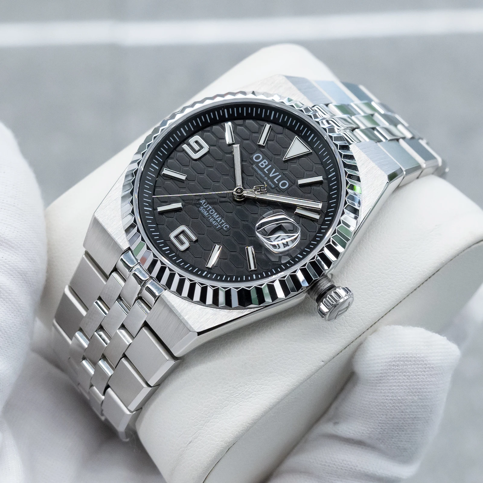 

OBLVLO Men's Excellent 40mm Texture Black Dial Automatic Watch with Date Water Resistant Mechanical Bracelet Vintage Clock RX-LD