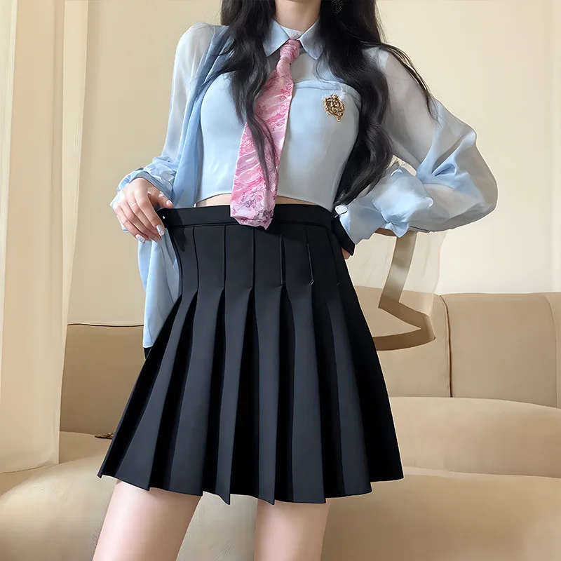 Image of Plissierter Rock mit Elastischem Bund Preppy-Style Rock mit Taschen Lässige Sommer-Mode Süßer College JK Rock in Schwarz für Damen