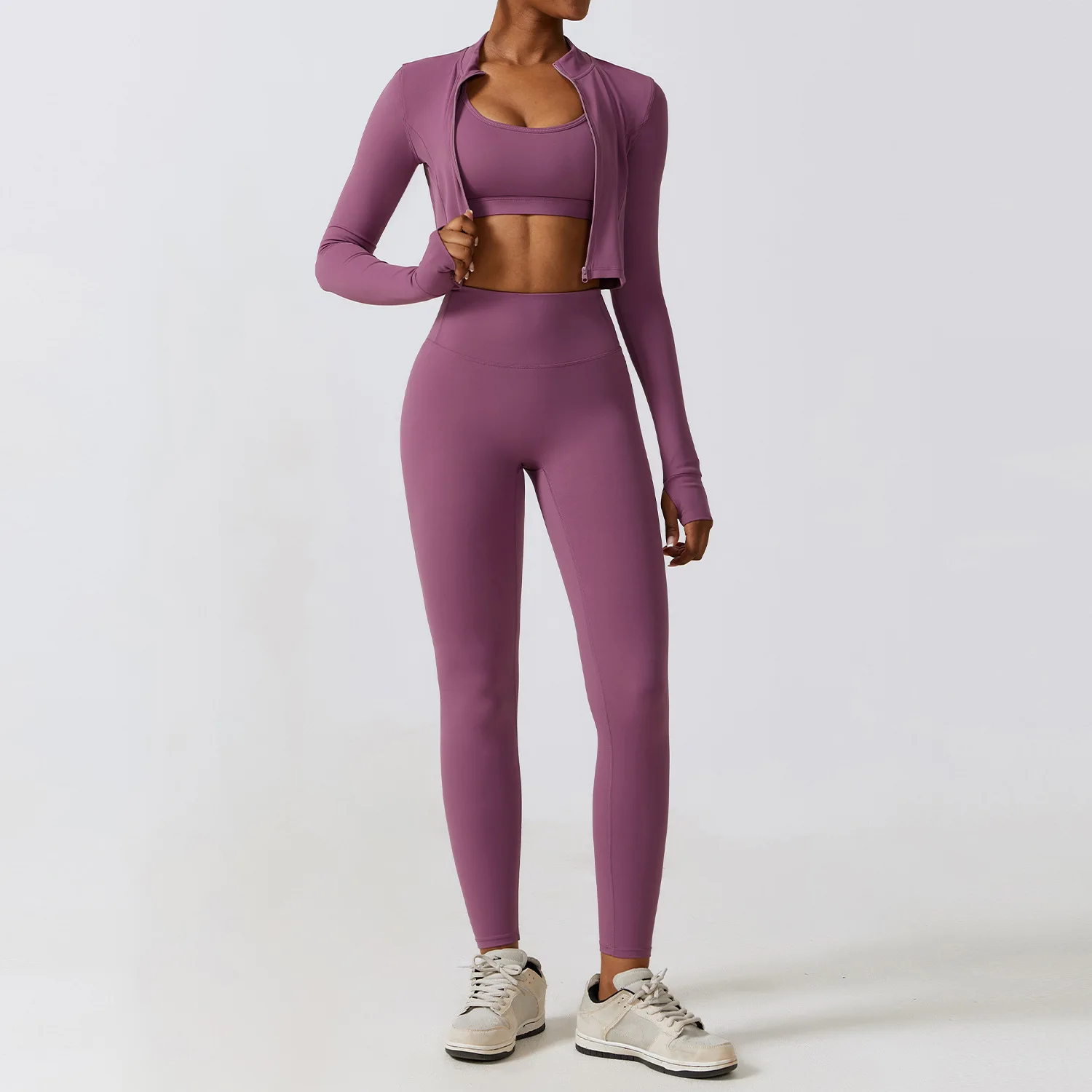 3 Pieces Fitness Yoga Set Women Solid Color Stretch Athletic Suit Sexy Bra Zipper Jacket High Waist Leggings Female Sportswear