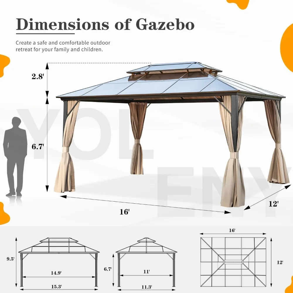 Hardtop Gazebo, Outdoor Polycarbonate Double Roof Canopy, Aluminum Frame Permanent Pavilion with Curtains and Net