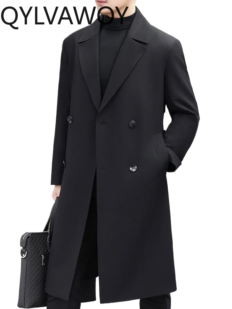 

QYLVAWOY New Men's Knee-Length Long Trench Coat Suit Collar Double Breasted High-End Business Casual Overcoat Outerwear LJ2521