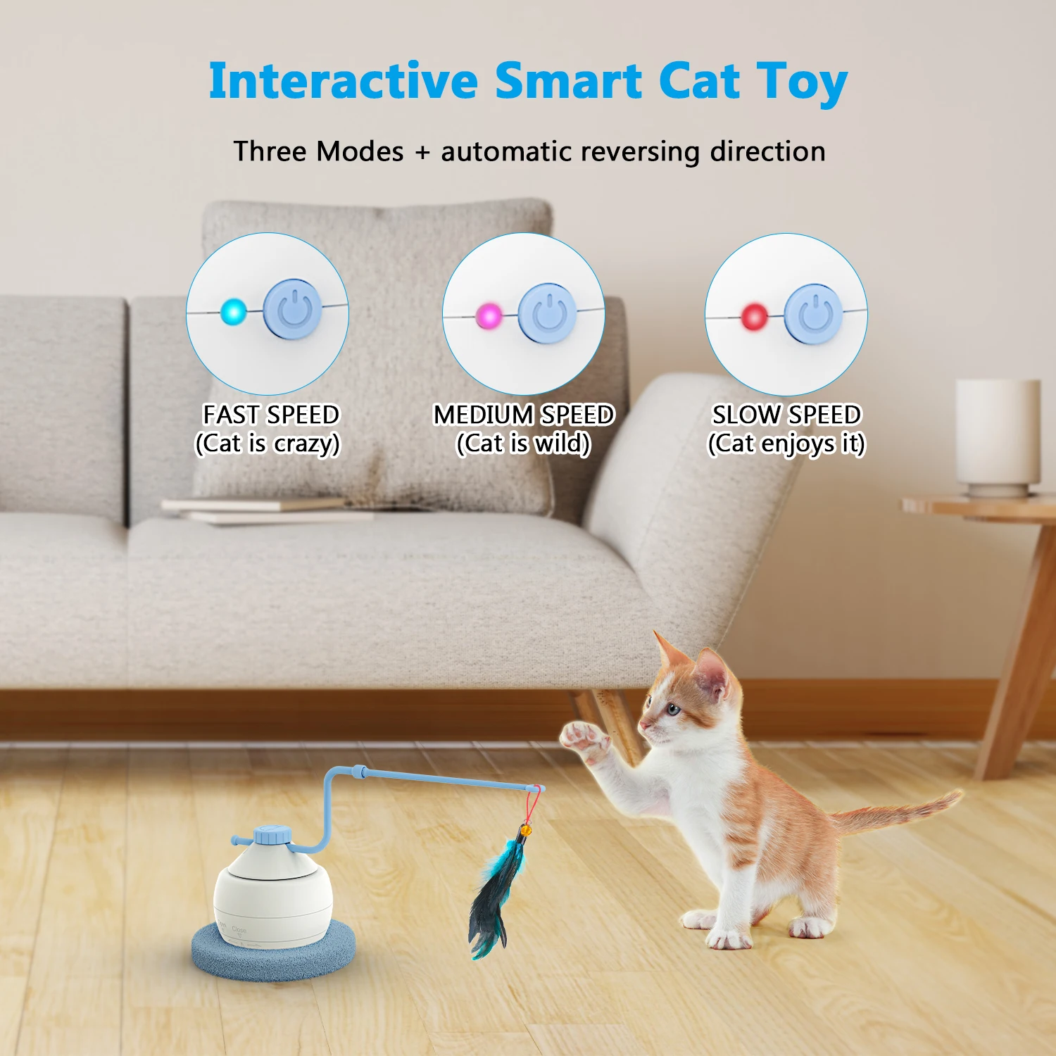 3 Modes Interactive Motorized Wand Kitten Motion Toys Automatic Cat Toys Electronic Exercise Pet Toy for Indoor Cats Hide Seek