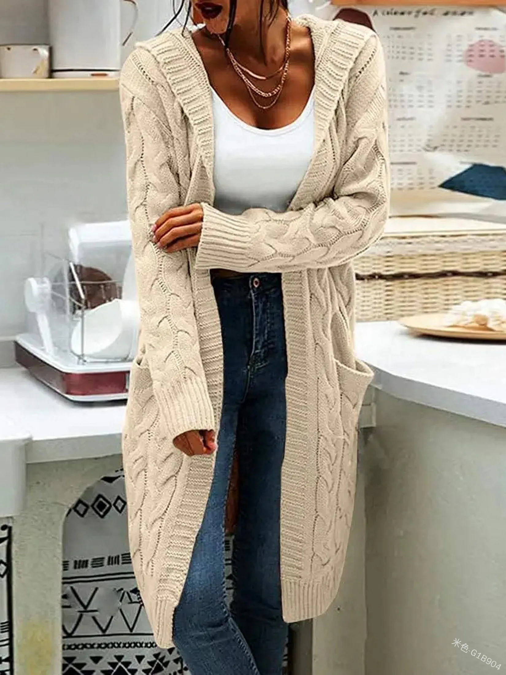 Women Knit Open Front Hooded Sweater Cardigan Cable Knit Sweaters Solid Color Autumn Winter Long Sweater Coats With Pockets