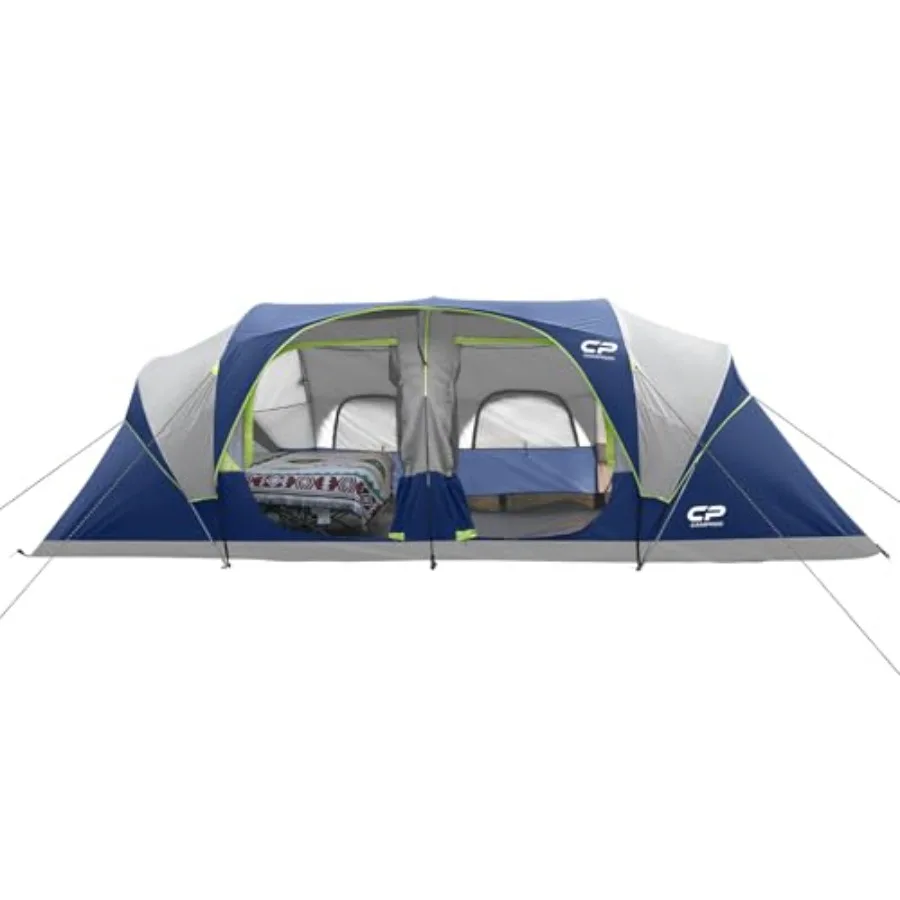 

Camping tent for family use, polyester fabric, gray color, waterproof and windproof with top rainfly, 6 mesh windows, double-la