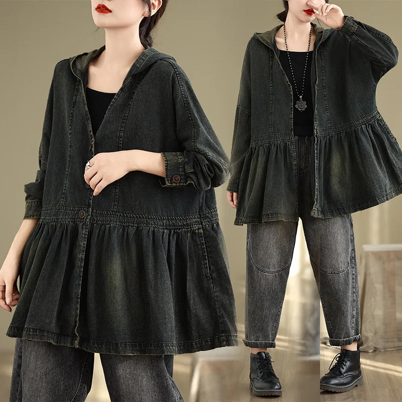 

European and American New Denim Simple Hooded Bat-sleeved Denim Short Cardigan Jacket Women's Clothing