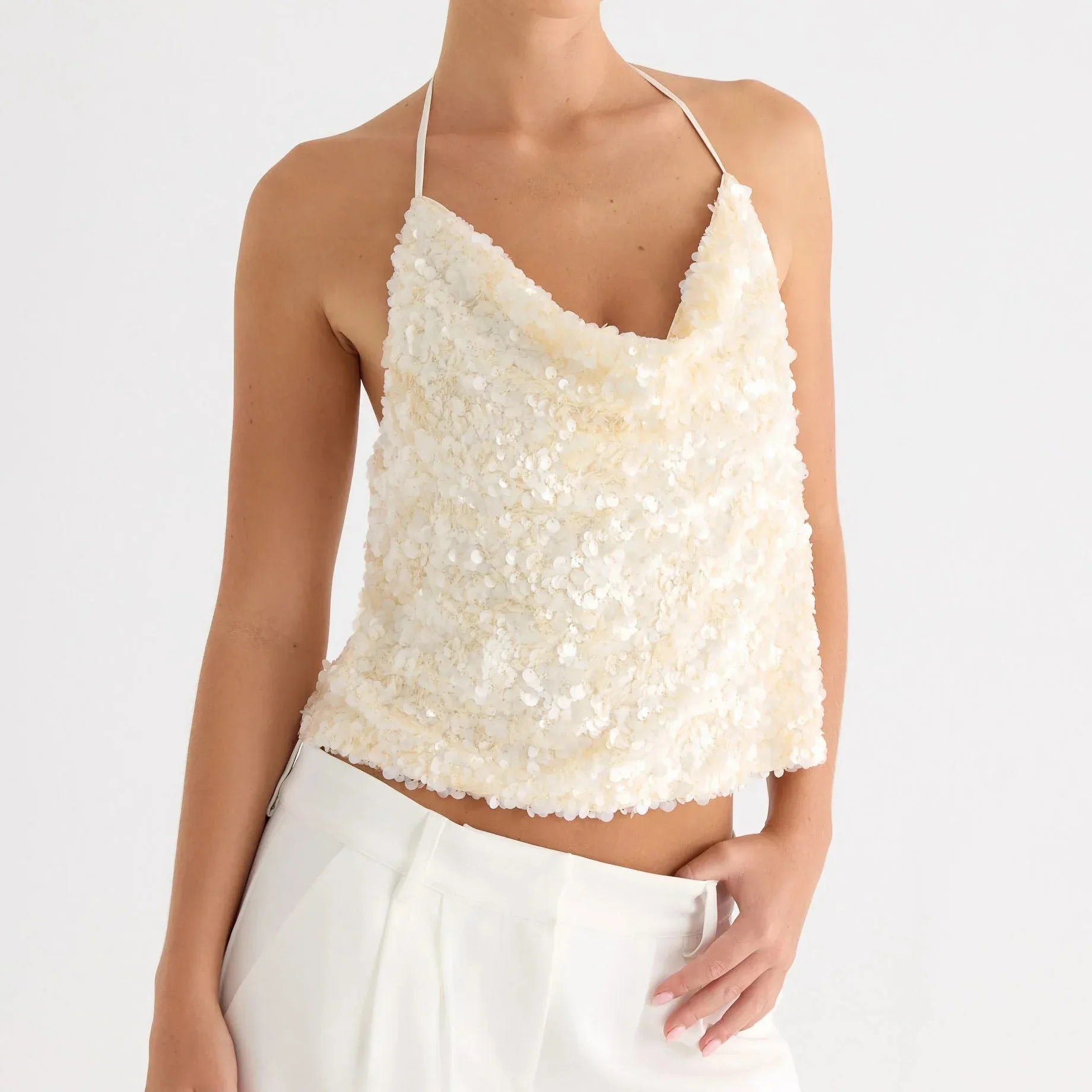 

CHIC Summer New Elegant Sequined Halter Strapless Backless Tank Top Fashion Glitter Camis Women's Crop Top Citywalk Ladies Vest