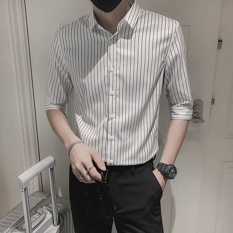 

Мужская летняя рубашка Slim Fit с коротким рукавом, в полоску, с отложным воротником, в корейском стиле, новинка для молодежи