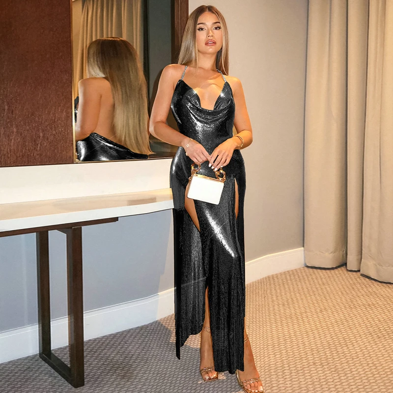 Glitzerndes Damen-Maxikleid mit Pailletten, rückenfrei, Spaghettiträgern, für Abendpartys, funkelnde Aluminium-Nakidka auf dem Badeanzug 2026 – Detail 3