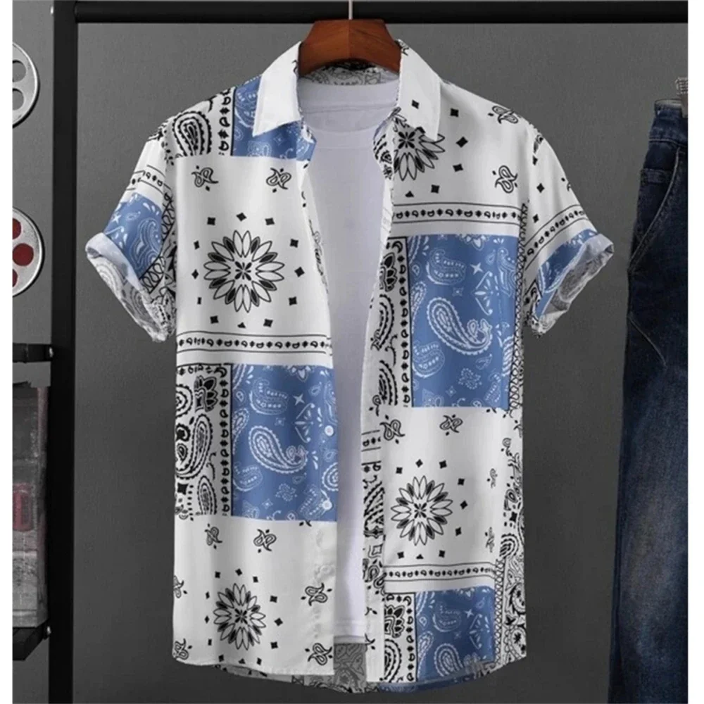 Summer Fashion Casual Men\'s Shirt Tops Three-dimensional Waist Flower Printing Short-sleeved Hawaiian Shirt Loose Large Size