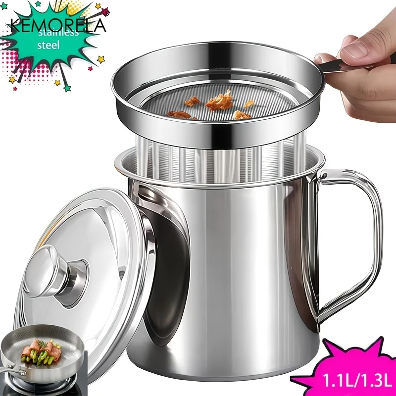Stainless Steel Filter Oiler Set 1.1/1.3L with Lid & Strainer High Temperature Resistant Fat Separator for Cooking Oil Filter