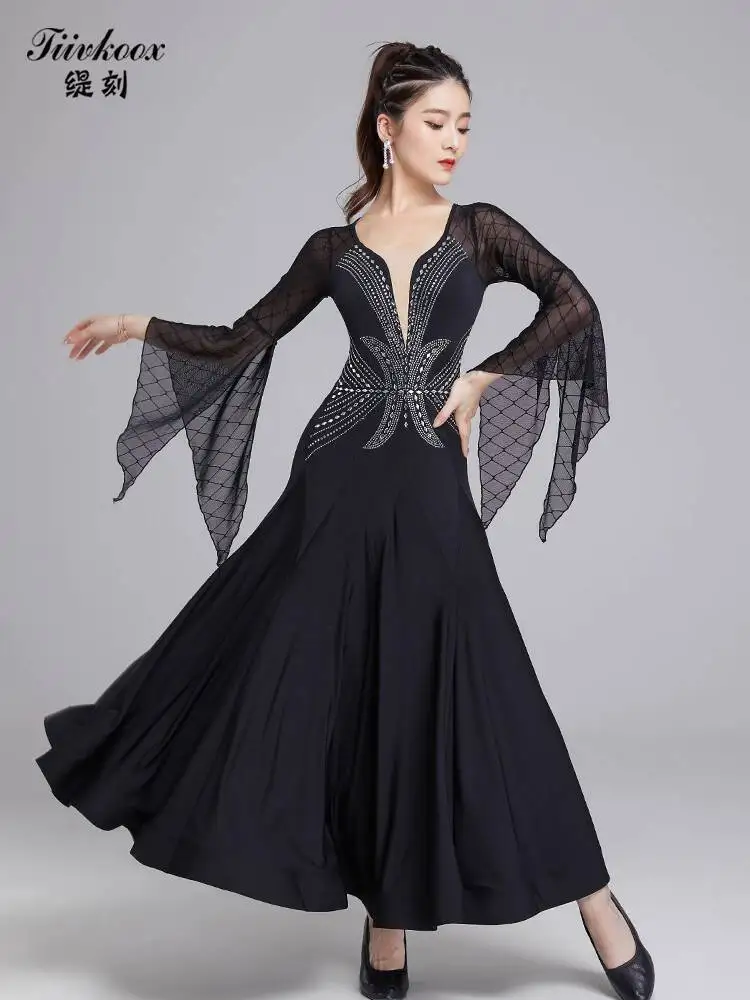 

Modern Dance Latin Dance Dress For Women New Ballroom Dance Waltz Social Dance Flared Sleeve Big Swing Dress