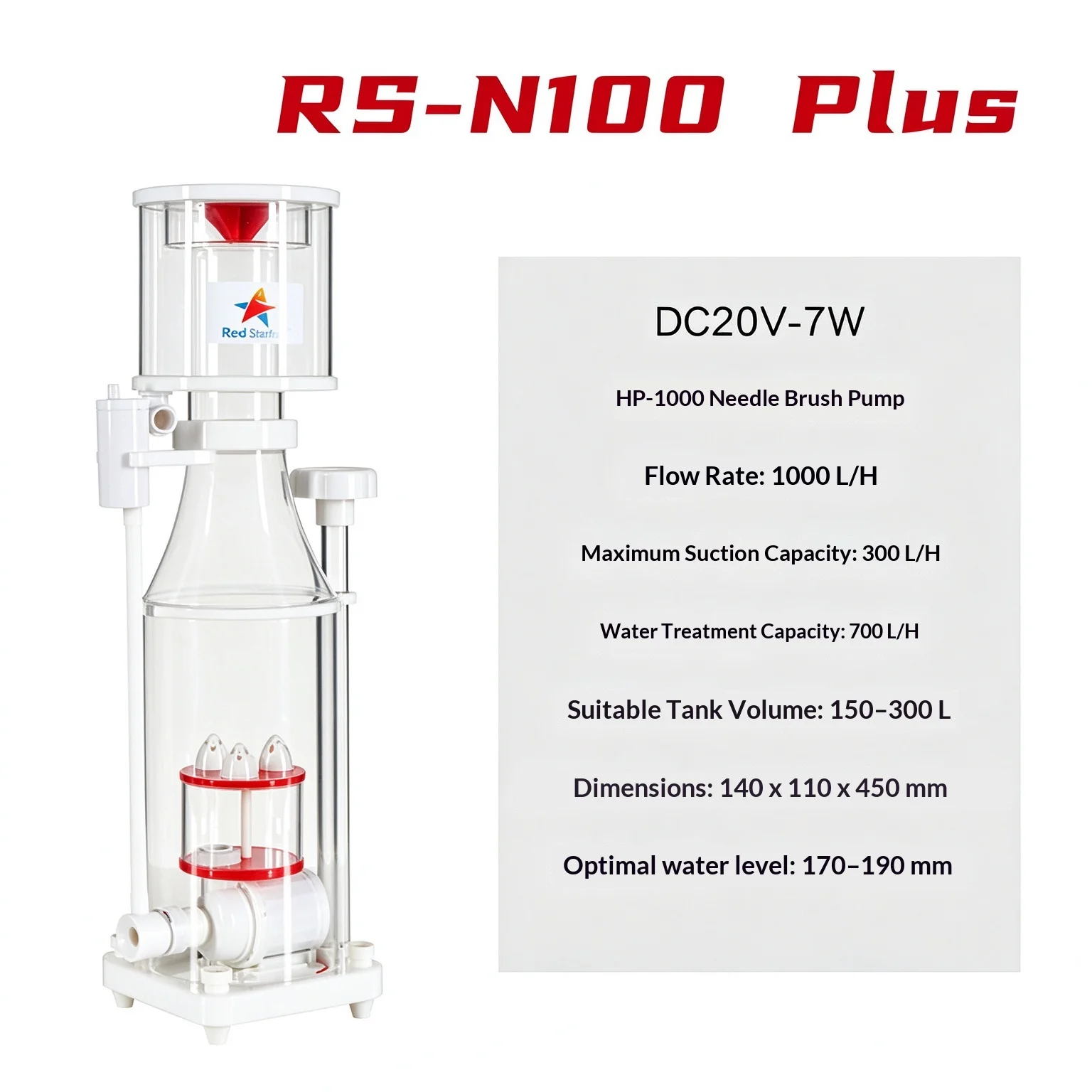 RedStarfish RS-N100 PLUS Aquarium Protein Skimmer, Ultra-quiet HP Needle Wheel Pump, for 150-300L Saltwater Coral Reef Fish Tank