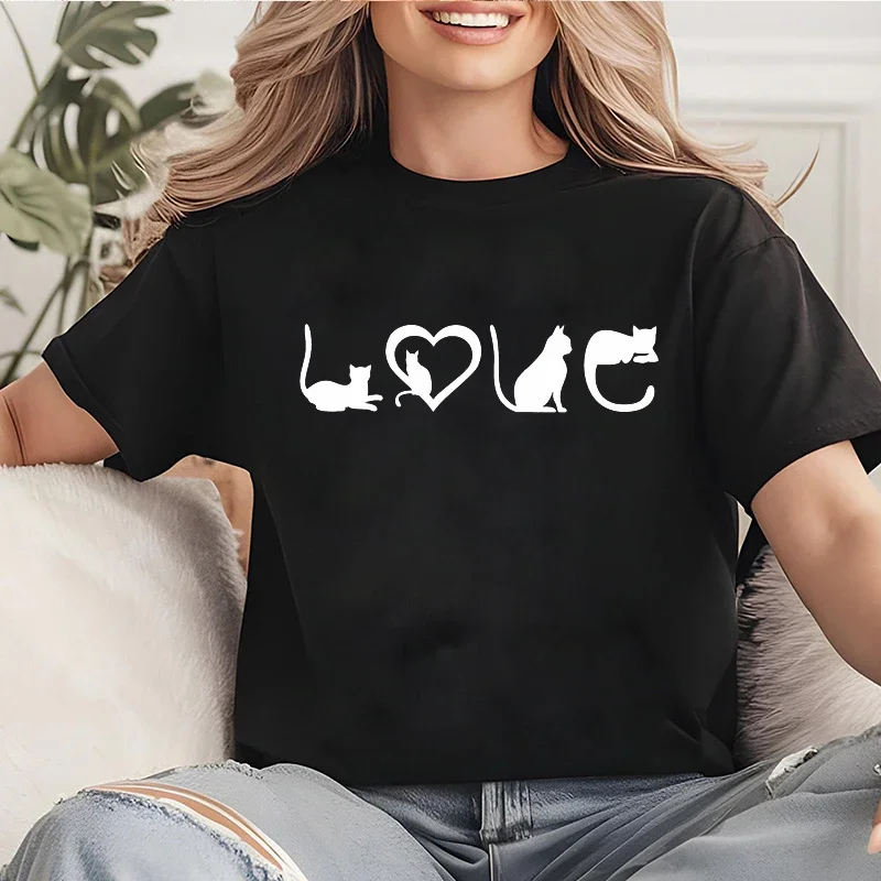 Camiseta con estampado de amor de gato negro para mujercamiseta de manga corta con cuello redondo a la moda navideña ropa
