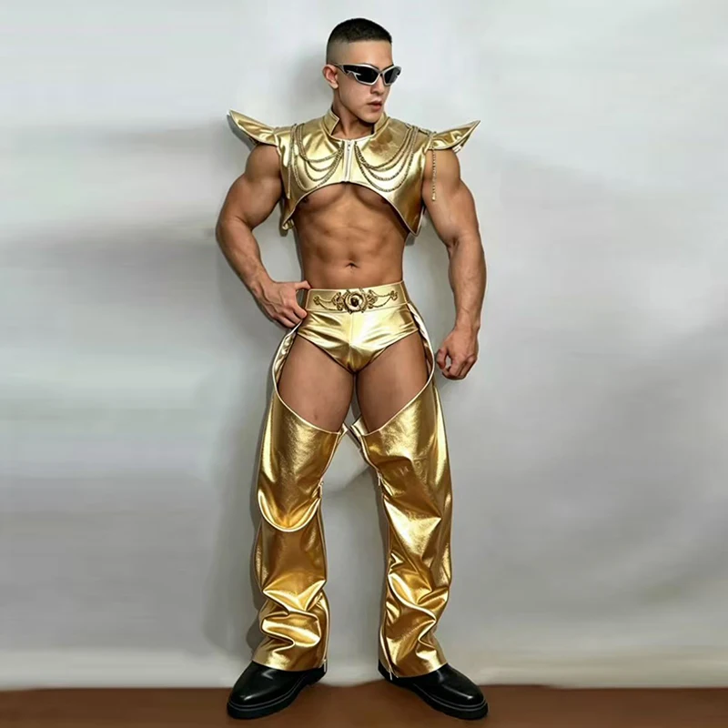 Man Gogo Dance Clothes Gold Silver Performance Suit Wing Shoulder Cropped Vest Nightclub Party Rave Outfit Carnival Costume 5985