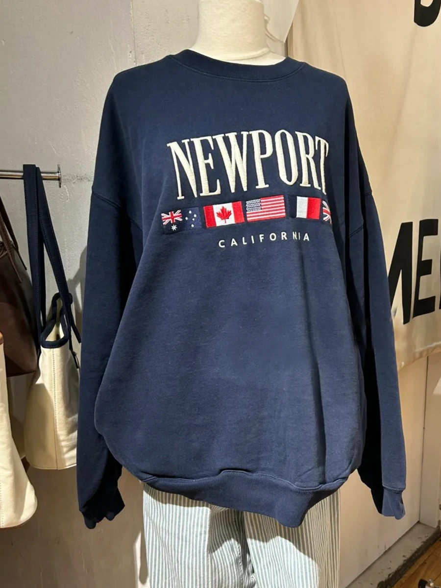 Letter Embroidery Sweatshirts Women Autumn New Casual O-neck Flag Long Sleeve Hoodies Vintage Harajuku Chic Pullover Top Y2K
