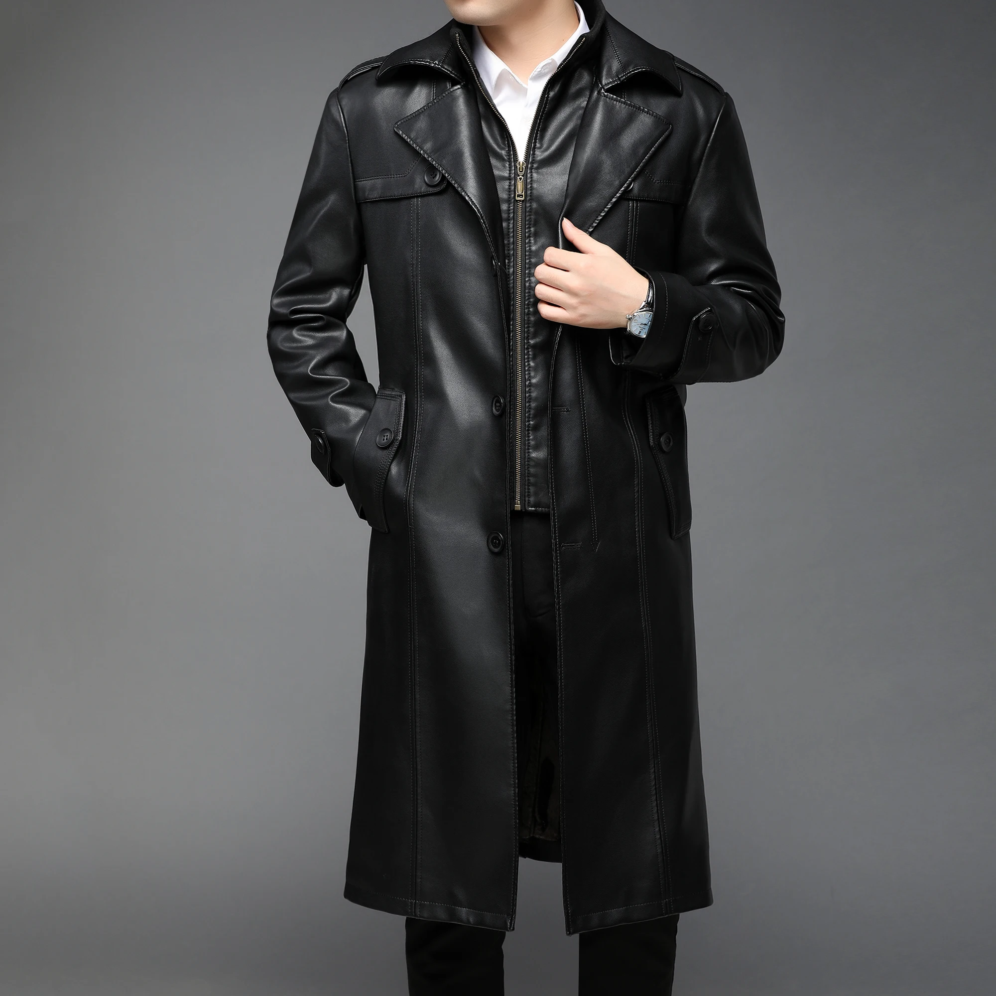 2024 winter high quality trench coat men,men\'s Slim Fit Faux leather jackets,mens thicken warm coat size S-5XL