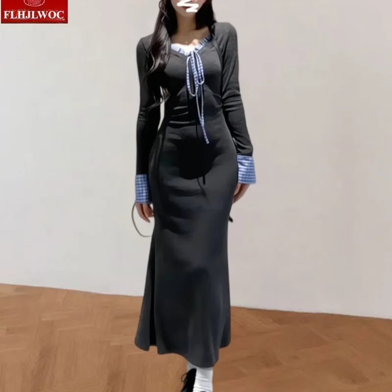 Herfst Winter Basic Lange Zeemeermin Fishtail Jurken Nieuwe Mode Leuke Zoete Japan Meisjes Retro Patchwork Plaid Strikje Shirt Jurk