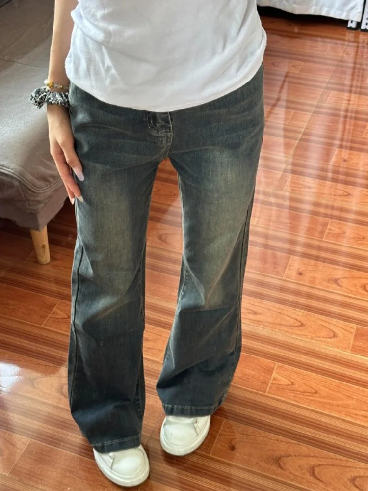 กางเกงยีนส์ทรงขาบานเล็กน้อยบุซับในสำหรับผู้หญิงไซส์ใหญ่ ผ้าเดนิม ทรงเอวสูง กระชับสัดส่วน ยืดหยุ่น ขาตรง กว้าง สำหรับฤดูใบไม้ร่วงและฤดูหนาว