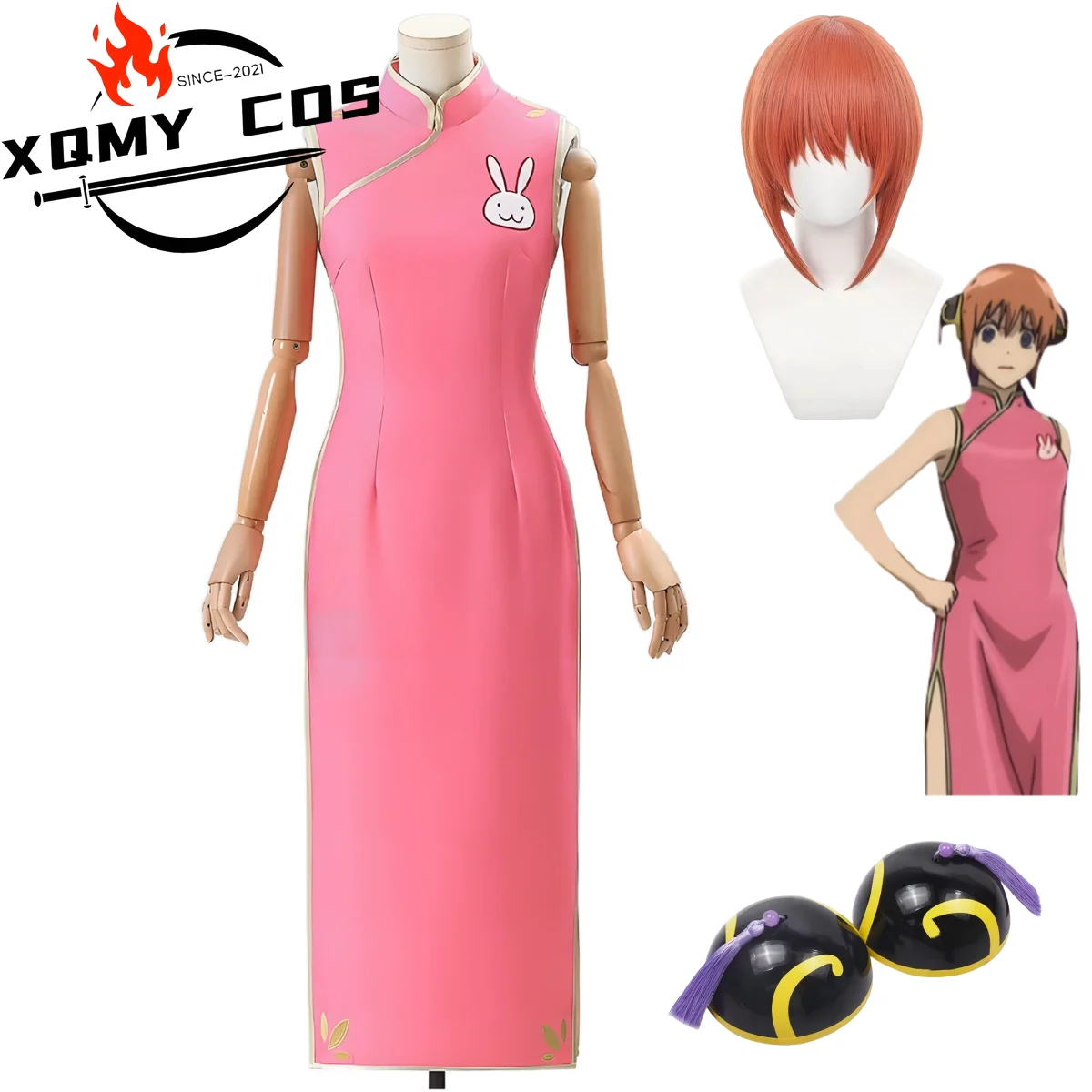 

XQAnime Gintama Kagura Leader Косплей Костюм Китайский Стиль Розовое Платье Cheongsam Парик Головные Уборы Женский Сексуальный Костюм Хэллоуина