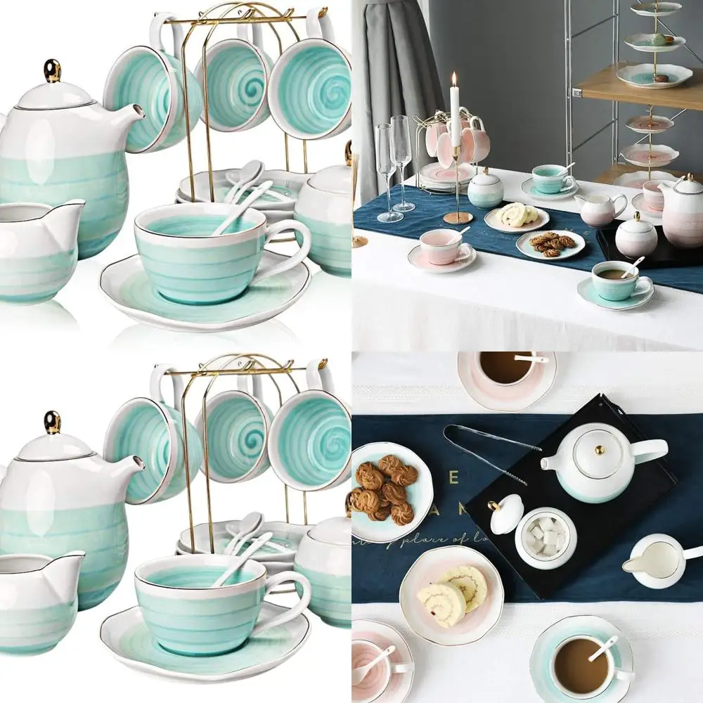 

Modern Blue 16-Piece Porcelain Tea Set, 8 oz, Nature Pattern, Service for 4, with Teapot, Sugar Bowl, Creamer, Teaspoons, and St