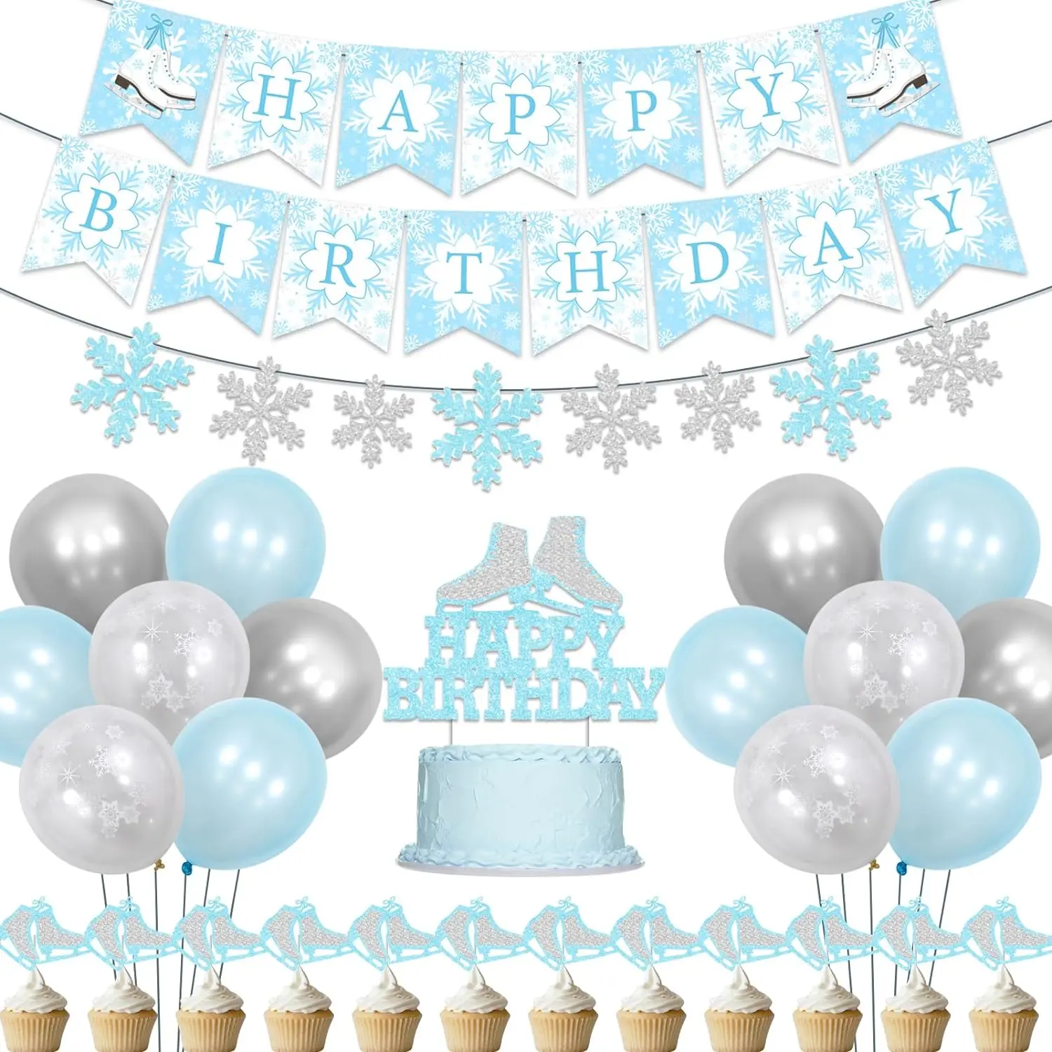 Ice Skating Birthday Party Decor Snowflake Garland Happy Birthday Banner Balloons Cupcake Toppers for Winter Birthday Party