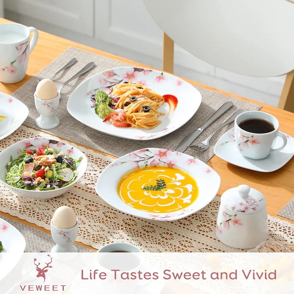 Series Annie, 50 PCS Floral Dinnerware Sets for 6, Including Porcelain Plates and Bowls Sets with Mugs, Egg Stands, Cup and