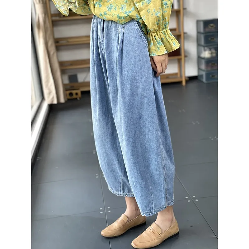 2023 neue Frühling Herbst Frauen elastische Taille lose lässige Baumwolle Denim knöchel lange Hose Vintage blau weites Bein Jeans p286