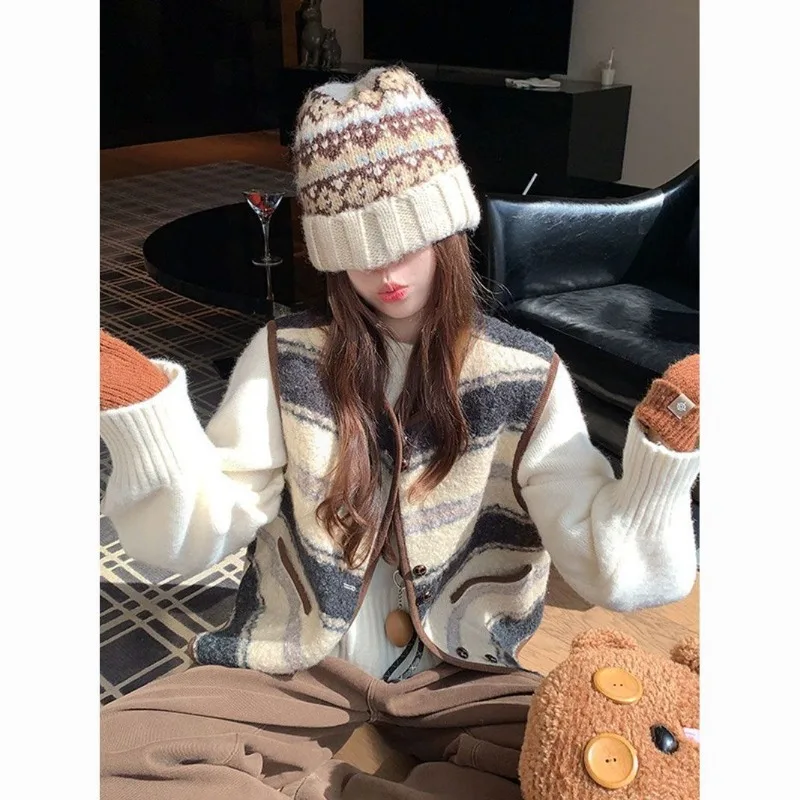 Korean Style Women Autumn Winter Retro Stripe Vest Color Block Loose Sleeveless Warm Outerwear Waistcoat